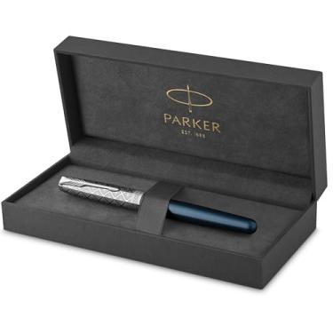 Imagem de PARKER Caneta-tinteiro Sonnet | Metal premium e acabamento acetinado azul com acabamento cromado | Ponta fina de ouro 18 k com cartucho de tinta preta | Caixa de presente