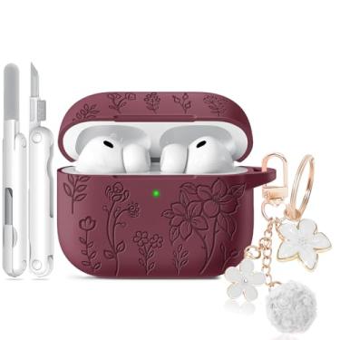 Imagem de Capa para Airpods Pro 3, capa com gravação floral compatível com AirPods Pro 3ª geração 2025, capas de silicone macio com chaveiro fofo e limpador para mulheres femininas, à prova de choque