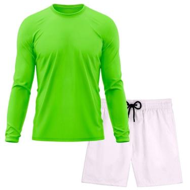 Imagem de Kit Short Praia Academia Passeio Treino Branco + Manga Longa Masculina Segunda Pele Dry-Masculino