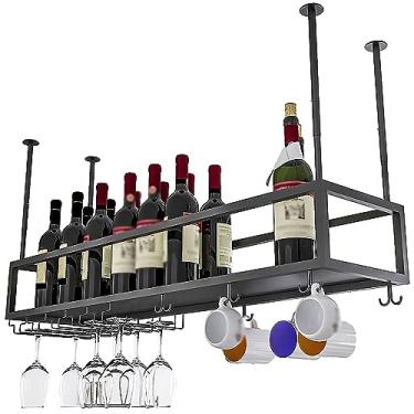 Imagem de Rack de vinho de teto industrial com suporte de vidro, suporte de garrafa de vinho de metal ajustável de 30 a 59,9 cm de altura, organizador de vinho para cozinha de bar (cor: preto, tamanho: 100 x