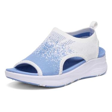 Imagem de YESWIN Sandálias femininas de caminhada, suporte de arco, ortopédica, confortável, fascite plantar, antiderrapante, casual, bico aberto, sandálias esportivas para verão e praia, Gradação azul, 36