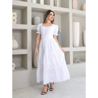 Imagem de Vestido midi Luxo lese bordado algodao manga curto - NoBrand, Branco, 