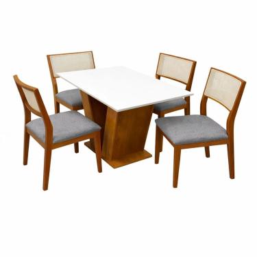 Imagem de Mesa de Jantar Classic 120x80cm com Vidro e 4 Cadeiras Oiti em Linho Madeira Cel Móveis Cor Cinamomo Off White com Tecido Cinza