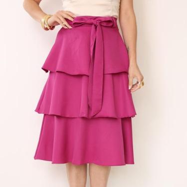 Imagem de Saia Feminina Três Maria Babado Midi Com Cinto Evangélica Cor:FucsiaTa