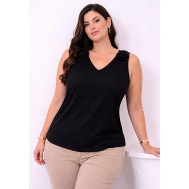 Imagem de Regata Plus Size Feminina Canelada Decote V com Flor Bordada na Alça C