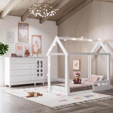 Imagem de Quarto Infantil Montessoriano Cama Casinha Analu Cômoda Gran Selena Fraldário 100% MDF Branco Carolina Baby