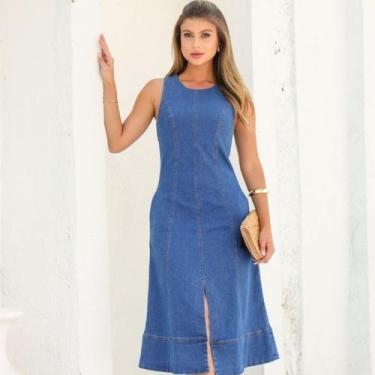 Imagem de Vestido Jeans Feminino Mid Com Ziper Liso Casual Godê New - Oklahoma C