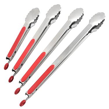 Imagem de UPTALY Pinças de churrasco extra longas de 45 cm (4 peças, vermelhas), pinça de grelha de aço inoxidável com cabo longo (45cm / 40cm / 34cm / 26cm), pegador de alimentos de tamanho grande, pinças de bife, pinça de servir para cozinhar, grelhar