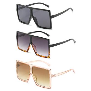 Imagem de ENSARJOE Óculos de sol quadrados grandes para mulheres e homens com proteção UV, Preto + preto Leoprad + marrom transparente, Standard