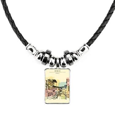 Imagem de DIYthinker Colar com padrão de ponto de referência da Alfândega da Itália Venice Jewelry Torque Pingente de corda de couro