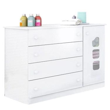 Imagem de Cômoda Infantil Lívia 1 Porta e 4 Gavetas com Cabideiro 100% MDF Cor Branco Brilho - Phoenix Baby