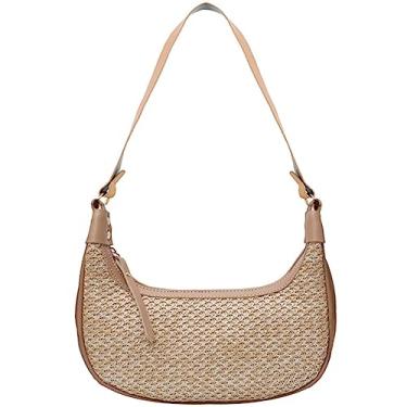 Imagem de RTGGSEL Boho Verão Retrô Feminino Palha Rattan Praia Tote Bolsa Crossbody Bolsas Hobo Underarm Bolsa Bolsa de Palha, Caqui, Boêmio