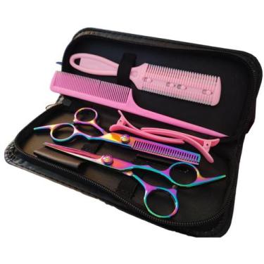 Imagem de Kit tesouras profissional cabelereiro barbeiro estojo 6 peças oil lmf-