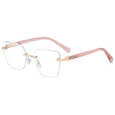 Imagem de Óculos femininos sem aro, lentes quadradas, transparentes, armação de óculos de gato, armação feminina, Moldura dourada rosa