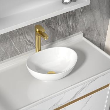 Imagem de Fulorni Pia de vaso de banheiro de 40,6 cm x 33 cm com torneira e ralo pop-up - Porcelana cerâmica branca formato oval acima do balcão pia moderna pia arte bacia