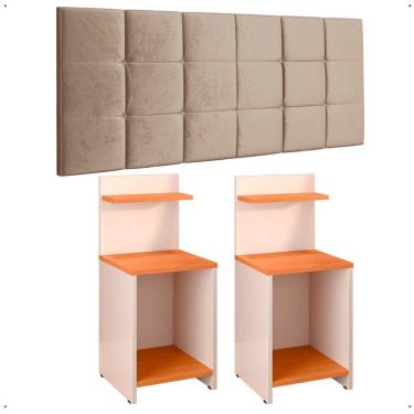 Imagem de Kit 2 Mesas Cabeceira Fantasy Off White/Cinamomo Prateleira Organizadora Painel Suspenso Bia Estofado Cama Box Queen Size 1,60 Bege - Lojas RPM