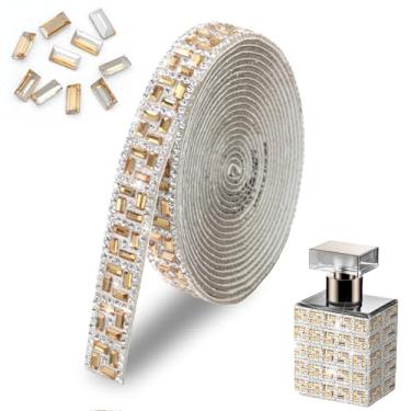 Imagem de FULZTEY Fita de strass autoadesiva de 3 metros, acabamento de cristal de vidro dourado para artesanato faça você mesmo, fita de diamante de 1,3 cm de largura, fita de strass brilhante para decoração