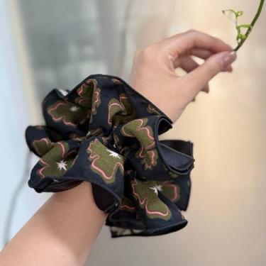 Imagem de Fita elástica de cabelo feita à mão Coreia Dongdaemun marrom-azul floral multicolorida grande versátil Scrunchie para viagem de coque de rabo de cavalo, preto