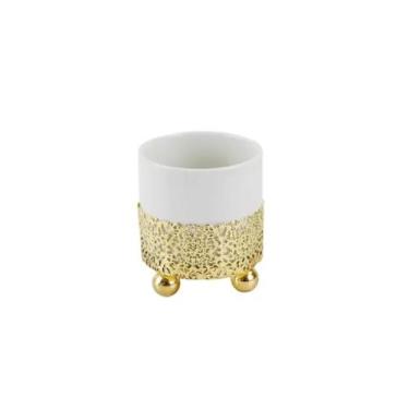 Imagem de Porta Vela de Ceramica Branco com suporte em metal dourado 8X11cm - Gi