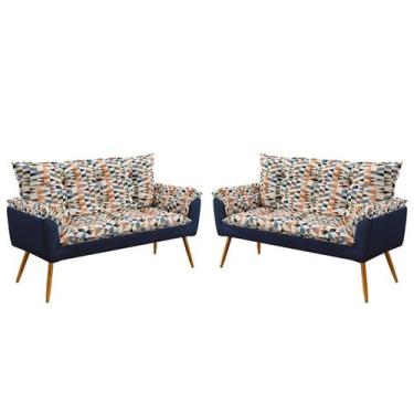 Imagem de Kit 2 Poltronas Namoradeira Beta Suede Estampado Laranja com Azul Mari