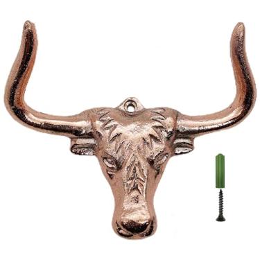 Imagem de 5MOONSUN5 Longhorn Cabeça de boi montada na parede, decoração rústica, decoração ocidental, gancho de parede de cabeça de vaca Longhorn, gancho de parede de latão resistente para casaco, bolsa de