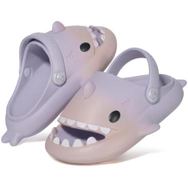 Imagem de Chinelos infantis de tubarão para meninos e meninas, crianças, crianças, crianças, nuvens, sandálias de bico aberto, sola grossa acolchoada, sapatos de piscina, Alça rosa e roxa, 12-13 Little Kid