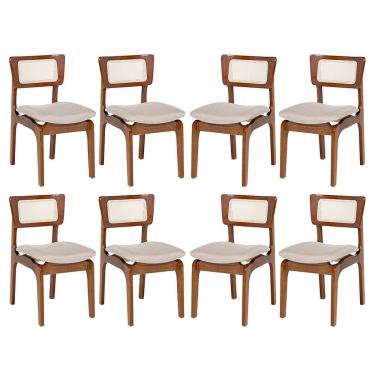 Imagem de Kit 8 Cadeiras de Jantar Portugal em Madeira Imbuia Encosto Tela Rattan Linho Bege M58