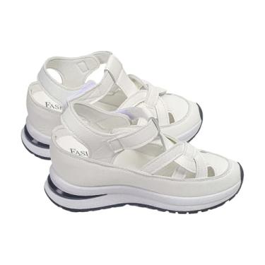 Imagem de Sandálias esportivas femininas modernas com sola grossa macia e bico fechado com tiras casuais para uso ao ar livre com velcro, sapatos esportivos chiques, Branco, 8