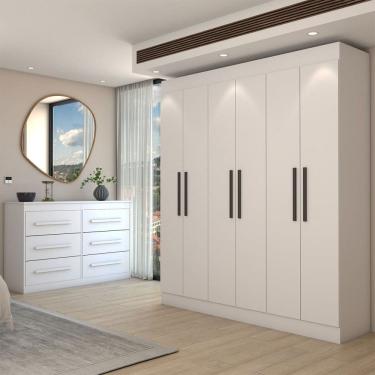Imagem de Guarda-Roupa Casal Europa 6 Portas 2 Gavetas com Cômoda 6 Gavetas 100% Mdf Branco - Panorama Móveis