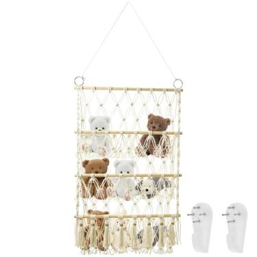 Imagem de Armazenamento de animais de pelúcia, prateleira suspensa de 3 camadas de grande capacidade, organizador de animais boho, prateleira pendurada de brinquedo de parede para berçário, meninas, meninos