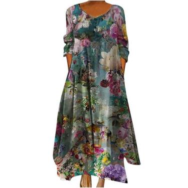 Imagem de Vestido feminino casual estampado floral com decote em O manga comprid