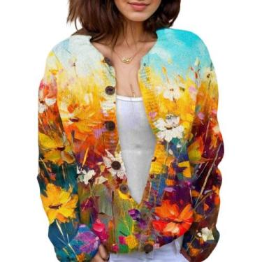 Imagem de Suéter de cardigã Akivide feminino com estampa floral, tricotado, outo
