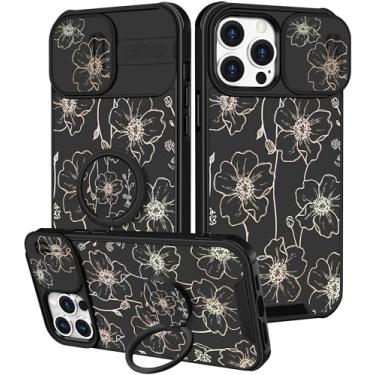 Imagem de Funermei Capa para iPhone 13 Pro - Capa de telefone feminina bonita estética preta floral design exclusivo com capa de câmera e suporte de anel Funda para Apple 13 Pro