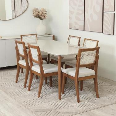 Imagem de Conjunto de Jantar Mesa Retangular com Vidro Donatella com 6 Cadeiras Saga - Natural c/ Cru