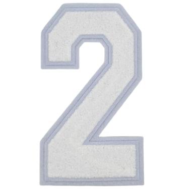 Imagem de 2 peças de adesivos de números de chenille branco de 20 cm, apliques de ferro para roupas, jaquetas, mochilas, estilo universitário, número grande, par com patch de letras universitárias, borda branca