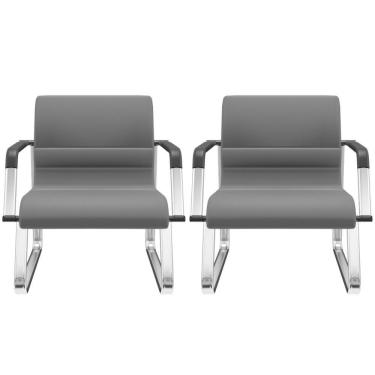 Imagem de Kit 02 Cadeiras De Escritório Recepção Fixa Pés Cromado Lev P03 Vinil Cinza - Lyam Decor
