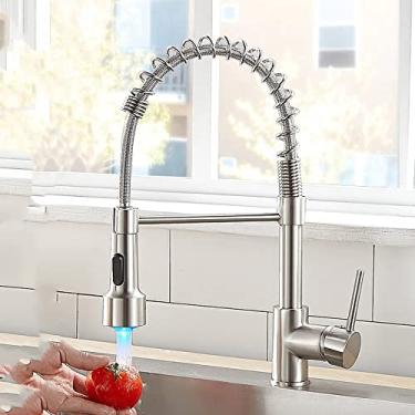 Imagem de Torneiras de cozinha escova torneiras de latão para pia de cozinha de alavanca única bica de mola misturadores torneira de água quente e fria guindaste, com led escovado, china