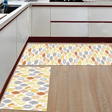 Imagem de Tapete de corredor de cozinha, folhas geométricas impressão boêmio amarelo laranja cinza tapete antiderrapante tapete de porta tapete para lavanderia quarto banheiro conjunto de 2