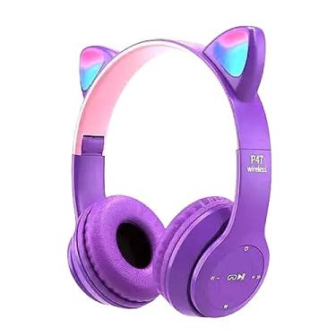 Imagem de Fone Infantil Sem fio com Orelhas de Gato LEDs Bluetooth 5.0 Cartão (Roxo)