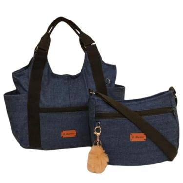 Imagem de 2 Lindas Bolsas Jeans Feminina 1 Grande E 1 Pequena Moda alça transversal e ombro lateral espaçosa tecido pano moda passeio faculdade trabalho escola casual luxo chique festa balada média