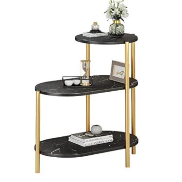 Imagem de Mesa de canto oval de mesa lateral, mesa de cabeceira com prateleira de armazenamento lateral de 3 níveis, mesa de café moderna para sofá pequena estante de livros, prateleira de exibição para quarto, sala de estar, escritório, mesa de centro branca para sala de estar