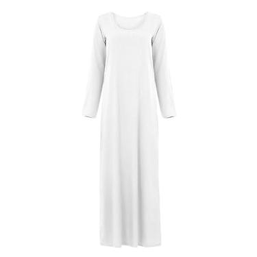 Imagem de Novo vestido feminino muçulmano manga longa gola redonda vestido maxi feminino com fendas, Branco, M