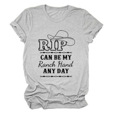 Imagem de Rip Can Be My Ranch Hand Any Day Camiseta feminina com padrão de chapéu jeans engraçado com dizeres estampados camisetas country music pulôver tops, Cinza, XXG