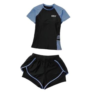 Imagem de YIJU Maiô feminino feminino com proteção contra queimaduras, manga curta, elegante, roupa de mergulho, top e shorts, surf, roupa de mergulho para viagens
