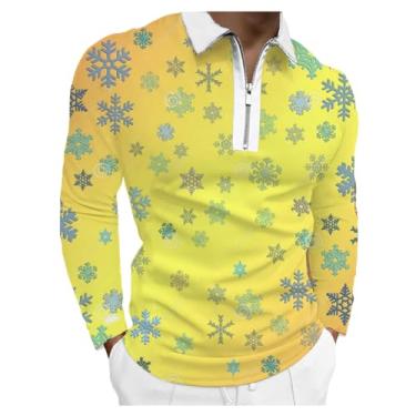 Imagem de Camisetas masculinas de Natal casuais com estampa de floco de neve, camisa polo de manga comprida com lapela, Amarelo, P