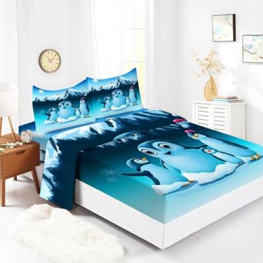 Imagem de Bhoyctn Jogo de lençol solteiro com 4 peças, pinguim antártico, azul, lençol com elástico de 40,6 cm, 100% microfibra, ultramacio e agradável à pele