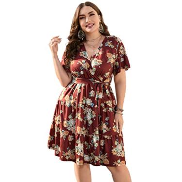 Imagem de KOJOOIN Vestido feminino plus size com decote em V, cintura alta, manga curta, vestido midi casual de verão com cinto, Manga curta com flor amarelo vinho profundo, XGG