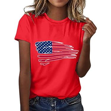 Imagem de Camisetas femininas de 4 de julho com bandeira americana listras estrelas, casual, patriótico, memorial, festival, Vermelho, XXG