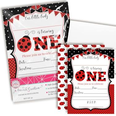 Imagem de Convites de primeiro aniversário de joaninha vermelha para meninas, 50 cartões de preenchimento de 12,7 cm x 17,7 cm com vinte envelopes brancos da AmandaCreation