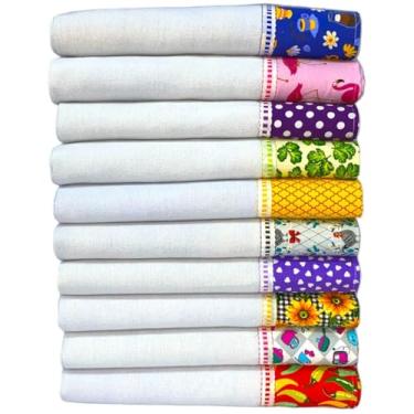 Imagem de Pano De Prato 100% Algodão Com Barrado De Tricoline Kit Com 10 Peças - Barrados com Estmapas Sortidas